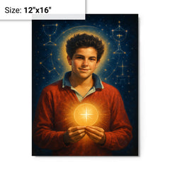 Carlo Acutis with Eucharistic constellations metal print on a plain backdrop in size 12"x16".