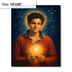 Carlo Acutis with Eucharistic constellations metal print on a plain backdrop in size 16"x20".