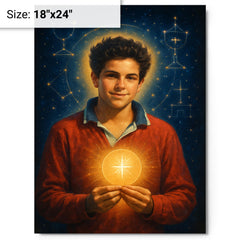 Carlo Acutis with Eucharistic constellations metal print on a plain backdrop in size 18"x24".