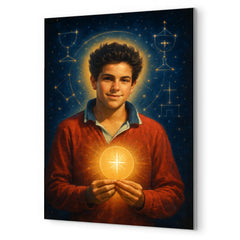 Carlo Acutis with Eucharistic constellations metal print mockup