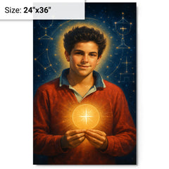 Carlo Acutis with Eucharistic constellations metal print on a plain backdrop in size 24"x36".