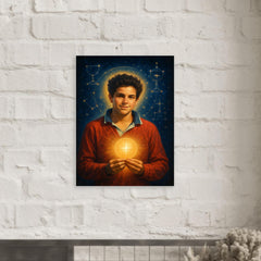 Carlo Acutis with Eucharistic constellations metal print mockup