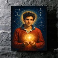 Carlo Acutis with Eucharistic constellations metal print mockup