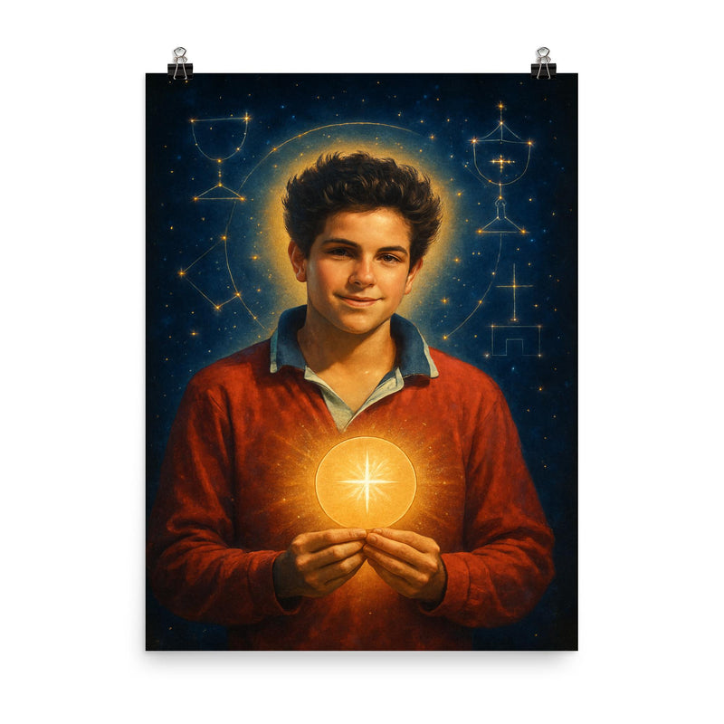 Carlo Acutis with Eucharistic constellations poster on a plain backdrop in size 8