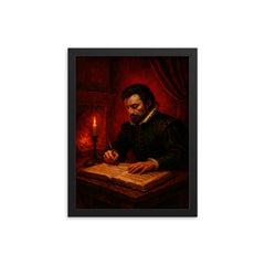 Carlo Gesualdo composing in blood red chamber framed print on a plain backdrop in size 12"x16".