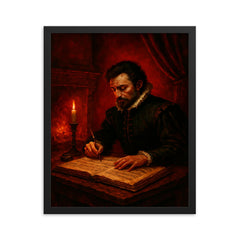 Carlo Gesualdo composing in blood red chamber framed print on a plain backdrop in size 16"x20".