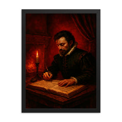 Carlo Gesualdo composing in blood red chamber framed print on a plain backdrop in size 18"x24".