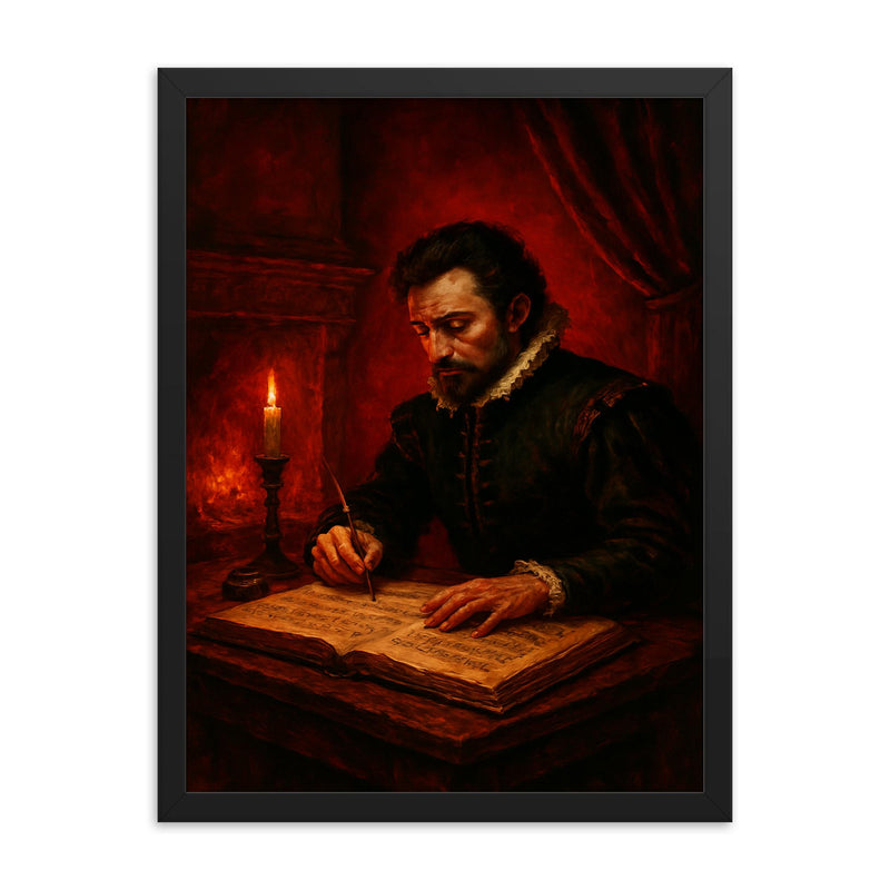 Carlo Gesualdo composing in blood red chamber framed print on a plain backdrop in size 18