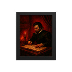 Carlo Gesualdo composing in blood red chamber framed print on a plain backdrop in size 8"x10".