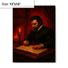 Carlo Gesualdo composing in blood red chamber metal print on a plain backdrop in size 12"x16".