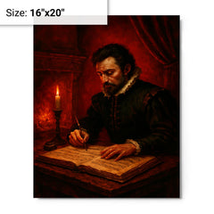 Carlo Gesualdo composing in blood red chamber metal print on a plain backdrop in size 16"x20".