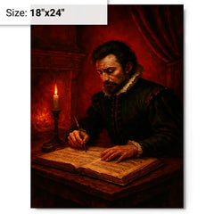 Carlo Gesualdo composing in blood red chamber metal print on a plain backdrop in size 18"x24".