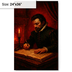 Carlo Gesualdo composing in blood red chamber metal print on a plain backdrop in size 24"x36".