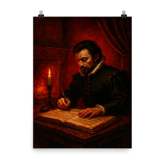 Carlo Gesualdo composing in blood red chamber poster on a plain backdrop in size 8"x10".