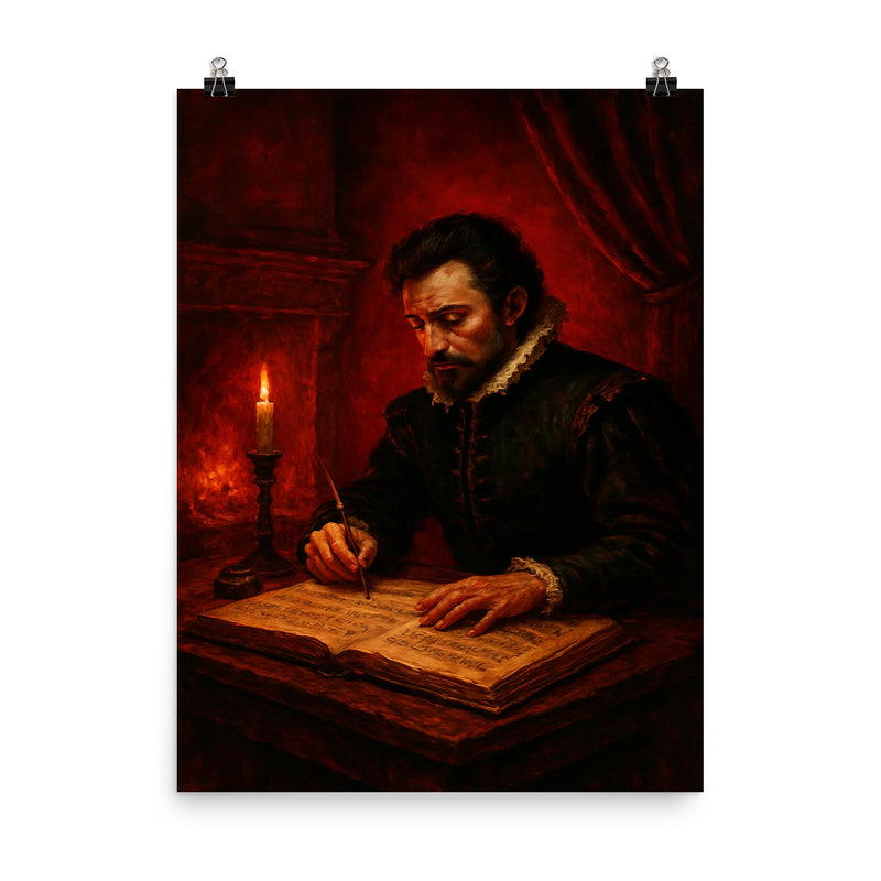 Carlo Gesualdo composing in blood red chamber poster on a plain backdrop in size 8