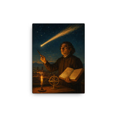 Carlos de Sigüenza charting a comet over Mexico City canvas print on a plain backdrop in size 12"x16".
