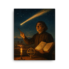 Carlos de Sigüenza charting a comet over Mexico City canvas print on a plain backdrop in size 16"x20".