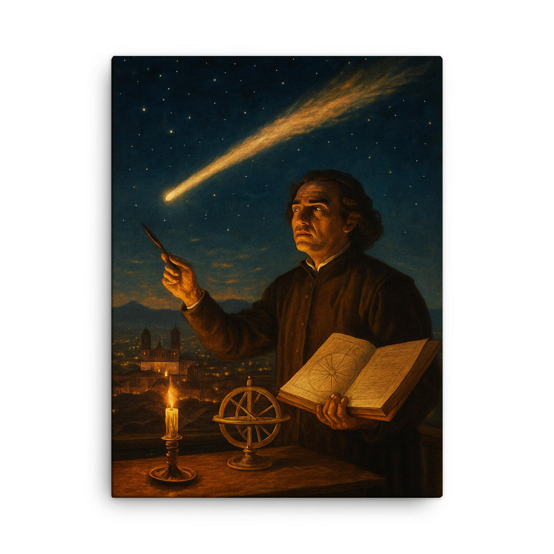 Carlos de Sigüenza charting a comet over Mexico City canvas print on a plain backdrop in size 18