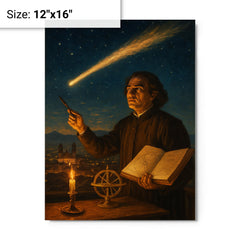 Carlos de Sigüenza charting a comet over Mexico City metal print on a plain backdrop in size 12"x16".