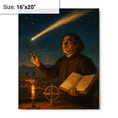 Carlos de Sigüenza charting a comet over Mexico City metal print on a plain backdrop in size 16"x20".