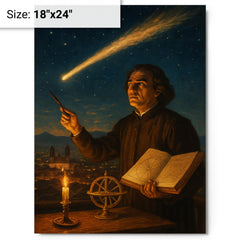 Carlos de Sigüenza charting a comet over Mexico City metal print on a plain backdrop in size 18"x24".