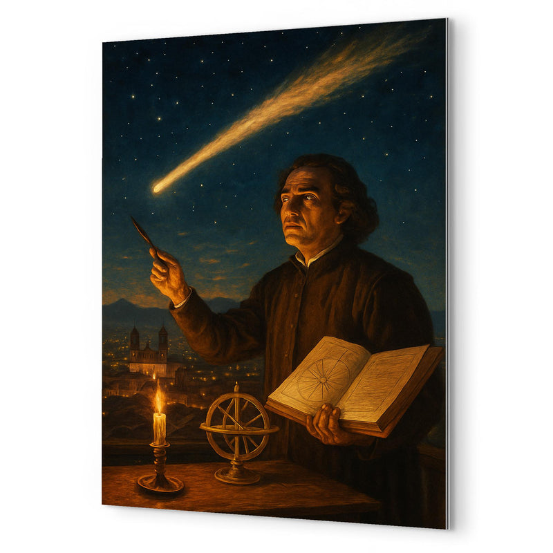Carlos de Sigüenza charting a comet over Mexico City metal print mockup