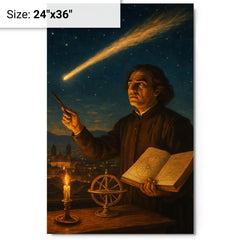 Carlos de Sigüenza charting a comet over Mexico City metal print on a plain backdrop in size 24"x36".