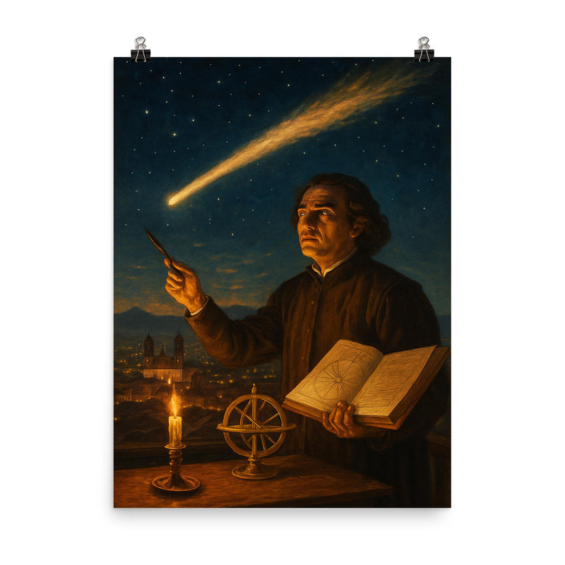 Carlos de Sigüenza charting a comet over Mexico City poster on a plain backdrop in size 8