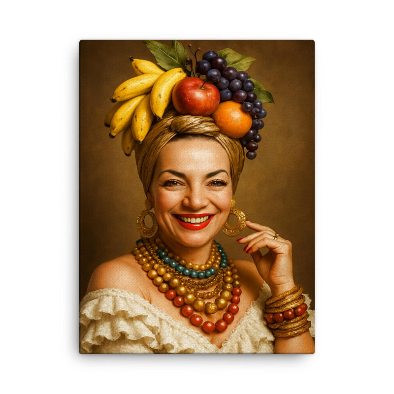 Carmen Miranda portrait canvas print on a plain backdrop in size 18
