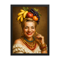Carmen Miranda portrait framed print on a plain backdrop in size 18"x24".