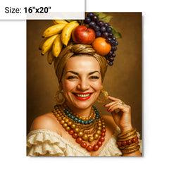 Carmen Miranda portrait metal print on a plain backdrop in size 16"x20".