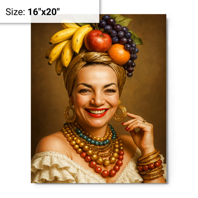 Carmen Miranda portrait metal print on a plain backdrop in size 16
