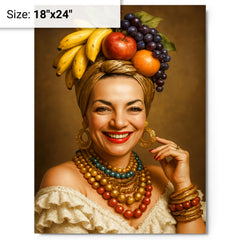 Carmen Miranda portrait metal print on a plain backdrop in size 18"x24".