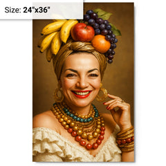 Carmen Miranda portrait metal print on a plain backdrop in size 24"x36".