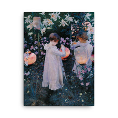 Carnation, Lily, Lily, Rose by John Singer Sargent, 1885 canvas print on a plain backdrop in size 18"x24".