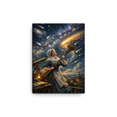 Caroline Herschel sweeping comet filled skies canvas print on a plain backdrop in size 12"x16".