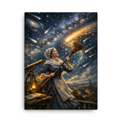 Caroline Herschel sweeping comet filled skies canvas print on a plain backdrop in size 18"x24".