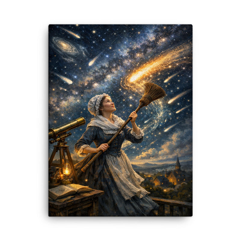 Caroline Herschel sweeping comet filled skies canvas print on a plain backdrop in size 18