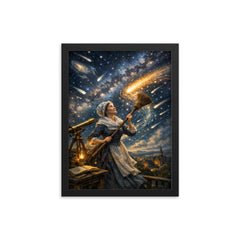 Caroline Herschel sweeping comet filled skies framed print on a plain backdrop in size 12"x16".