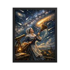 Caroline Herschel sweeping comet filled skies framed print on a plain backdrop in size 16"x20".
