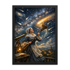 Caroline Herschel sweeping comet filled skies framed print on a plain backdrop in size 18"x24".