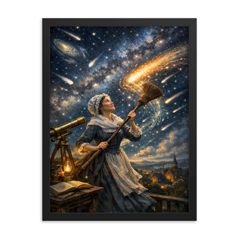 Caroline Herschel sweeping comet filled skies framed print on a plain backdrop in size 18