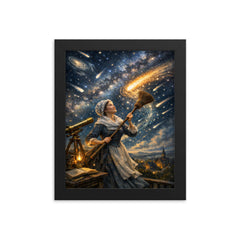 Caroline Herschel sweeping comet filled skies framed print on a plain backdrop in size 8"x10".
