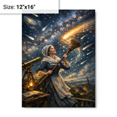Caroline Herschel sweeping comet filled skies metal print on a plain backdrop in size 12"x16".
