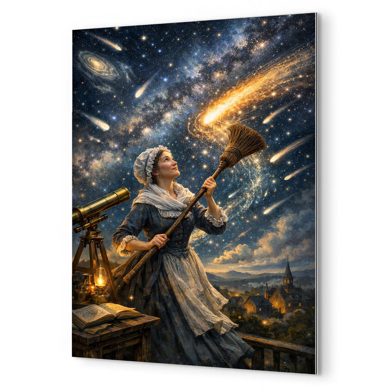 Caroline Herschel sweeping comet filled skies metal print mockup