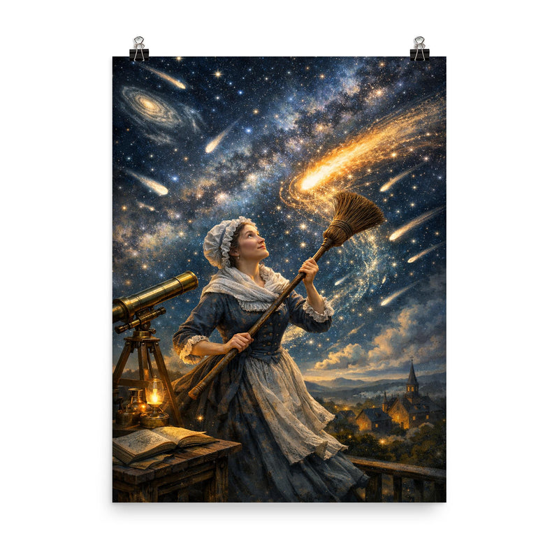 Caroline Herschel sweeping comet filled skies poster on a plain backdrop in size 8