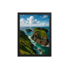Carrick a Rede Coastline Northern Ireland framed print on a plain backdrop in size 12"x16".