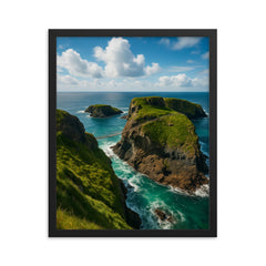 Carrick a Rede Coastline Northern Ireland framed print on a plain backdrop in size 16"x20".