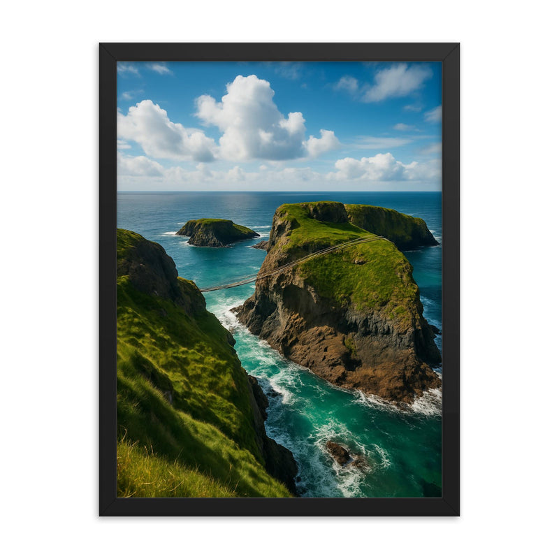 Carrick a Rede Coastline Northern Ireland framed print on a plain backdrop in size 18