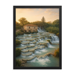 Cascate del Mulino Saturnia Italy framed print on a plain backdrop in size 18"x24".